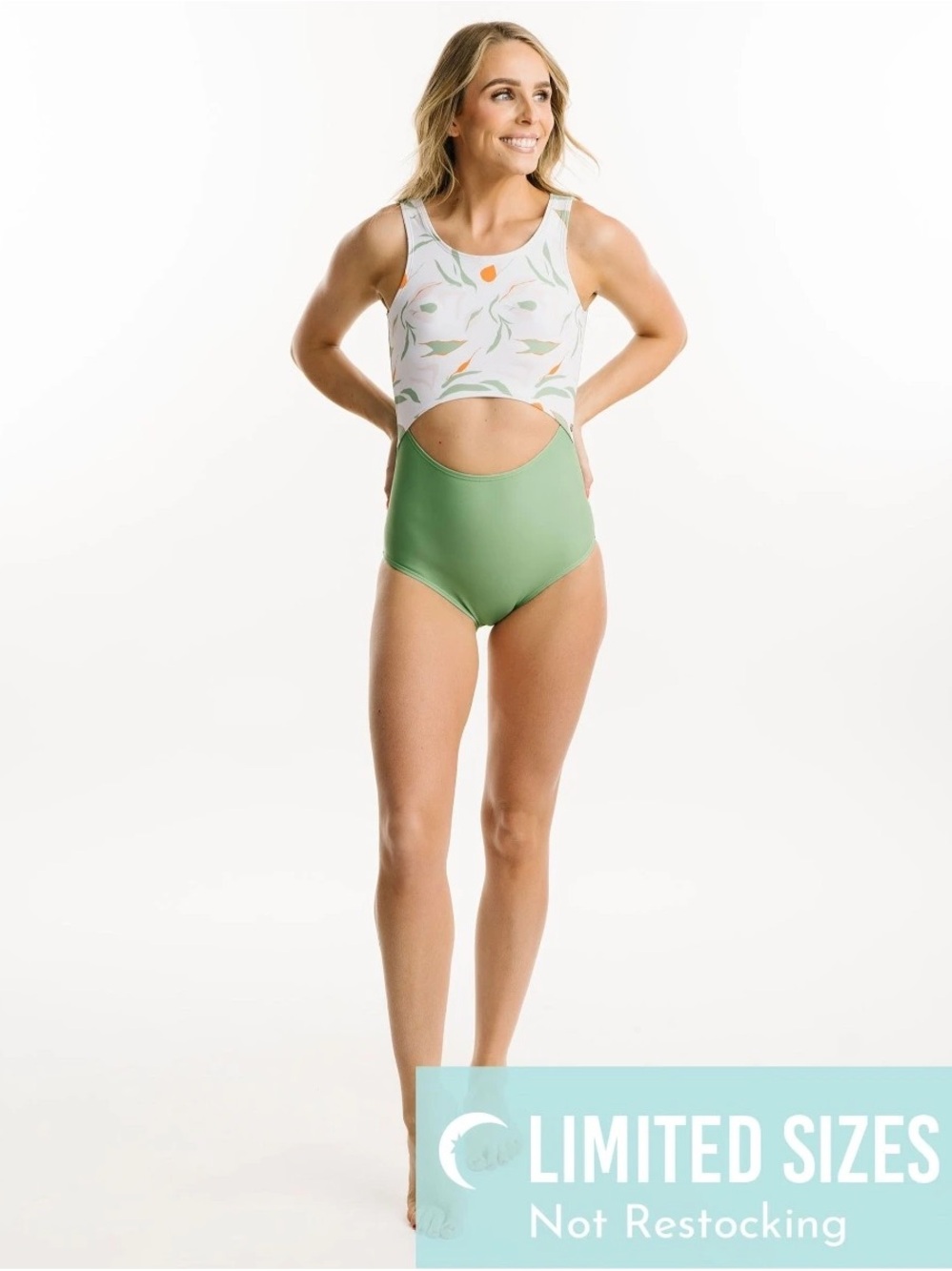 Sage Green & White Floral Cutout One-Piece Swimsuit